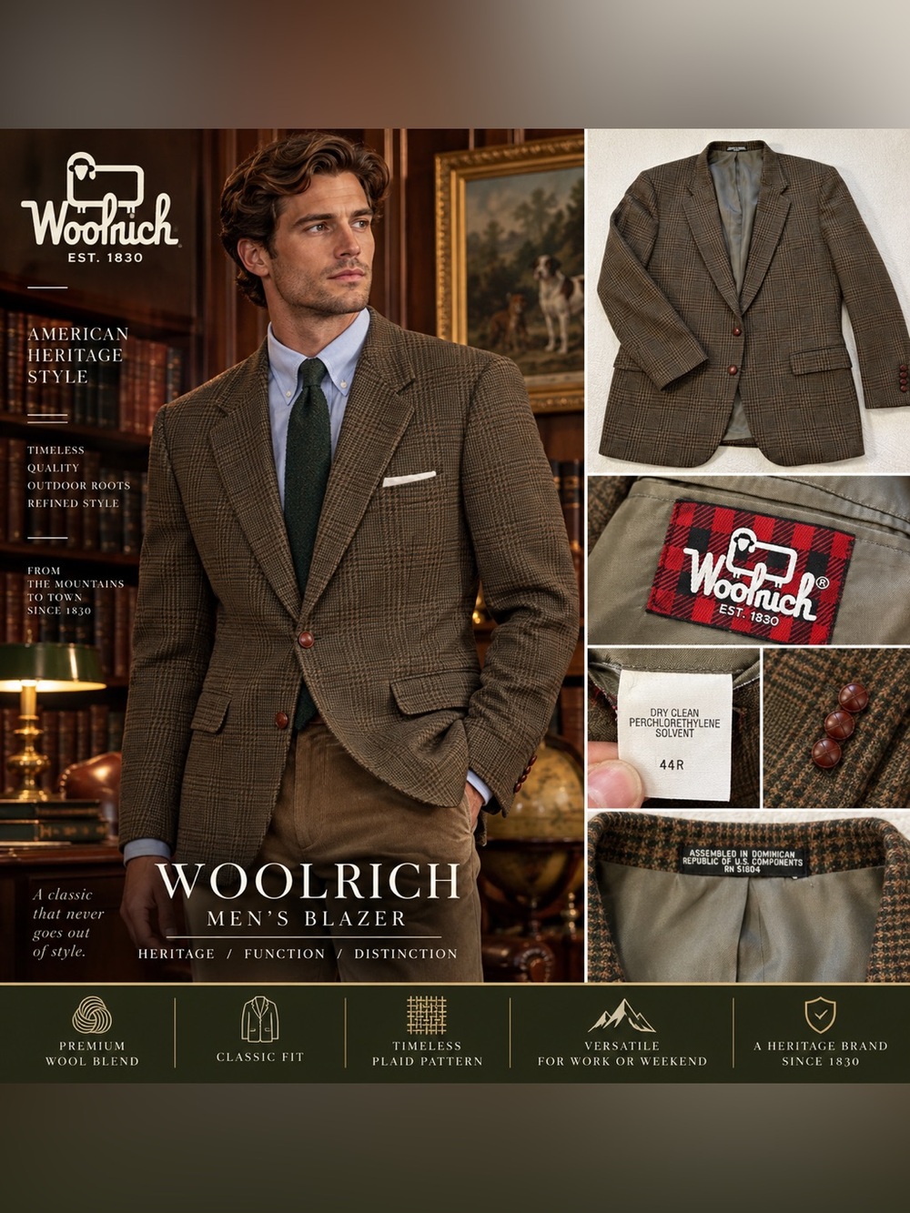 Vintage Woolrich 44R Plaid Wool Blazer Old Money Heritage Sport Coat